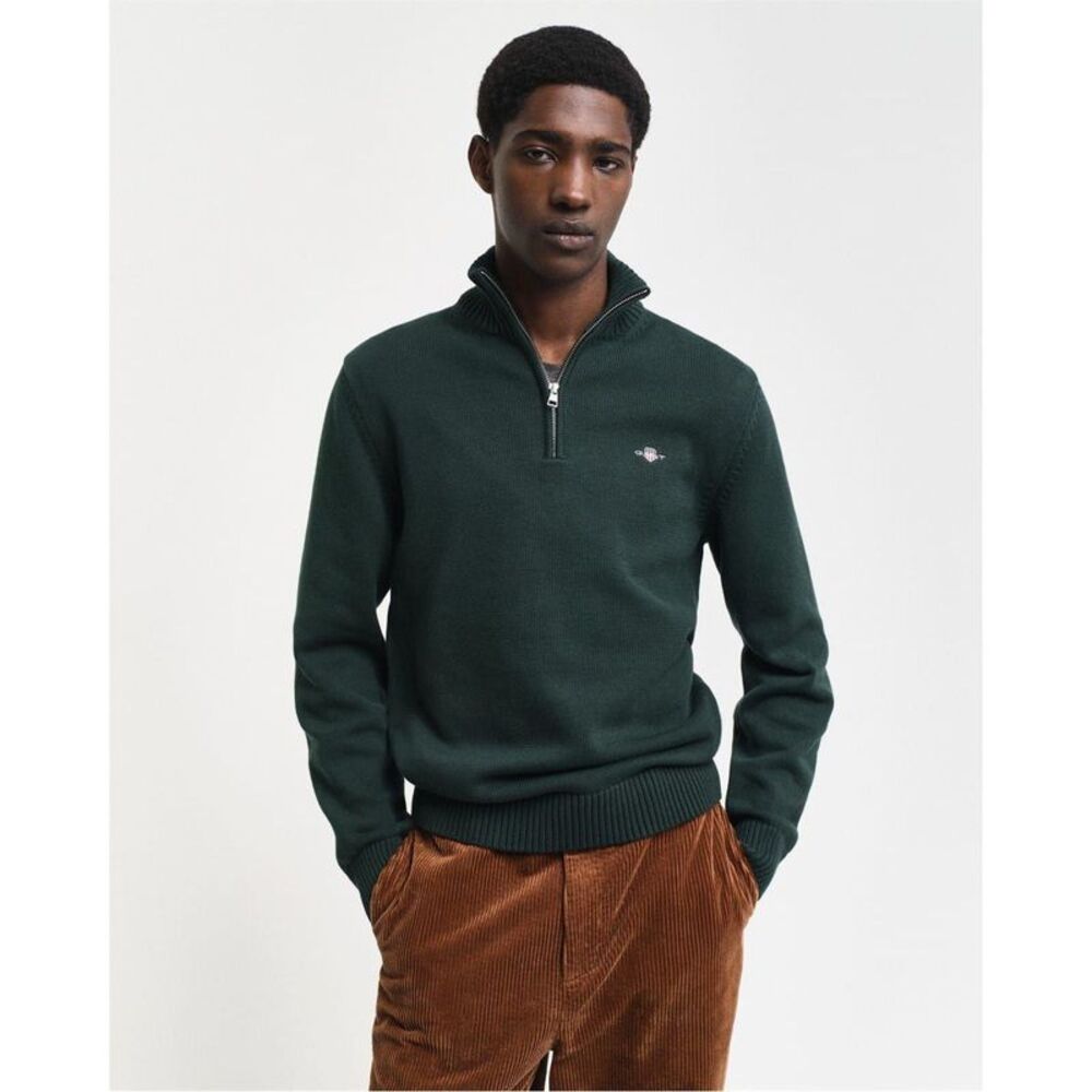 Gant Mens Micro Textured Half Zip Sweatshirt / Tartan Green